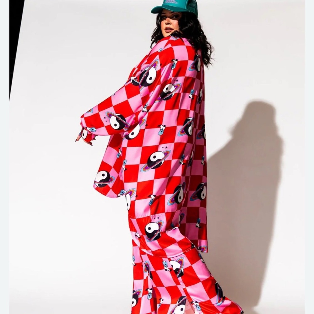 Dressed in LALA Pink and Red Checkered Pantsuit